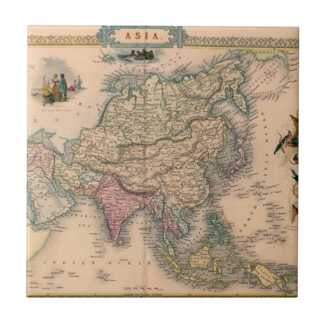 Antique Asia Map in Sepia with Pastel Regions Ceramic Tile (Front)