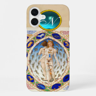 ANTIQUE ASTROLOGY,ZODIACAL SIGNS BLUE GEM MONOGRAM iPhone 16 PLUS CASE