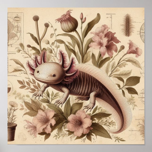 Antique Axolotl Drawing With Aquatic Florals Label Poster (Front)