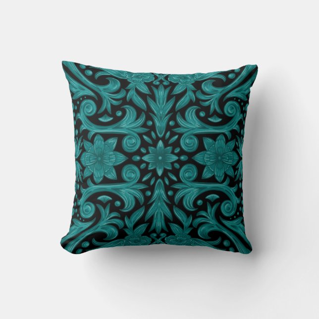 Antique Aztec Eagle Damask teal black Cushion (Front)
