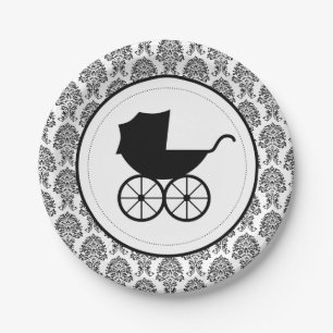 Antique Baby Carriage Elegant Damask Baby Shower Paper Plate