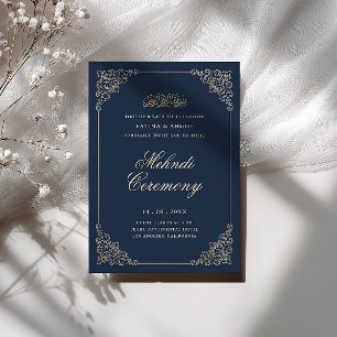 Antique Baroque Frame Navy Blue Mehndi Ceremony Invitation