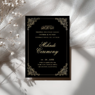Antique Baroque Gold Script Black Mehndi Ceremony Invitation