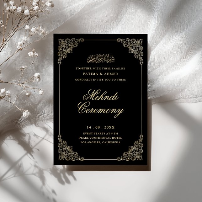 Antique Baroque Gold Script Black Mehndi Ceremony Invitation (Creator Uploaded)
