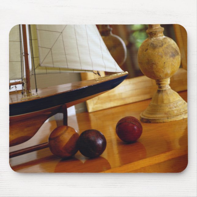 Antique Baseballs On A Table By A Model Sailboat Mouse Pad (Front)