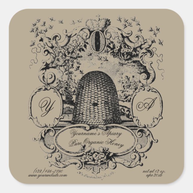 Antique Beehive Cartouche Honey Label Template (Front)