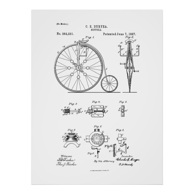 Antique Bicycle 1887 Penny Farthing Patent Drawing Photo Print (Front)