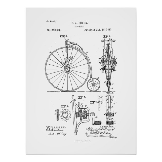 Antique Bicycle 1887 Penny Farthing Patent Drawing Photo Print (Front)