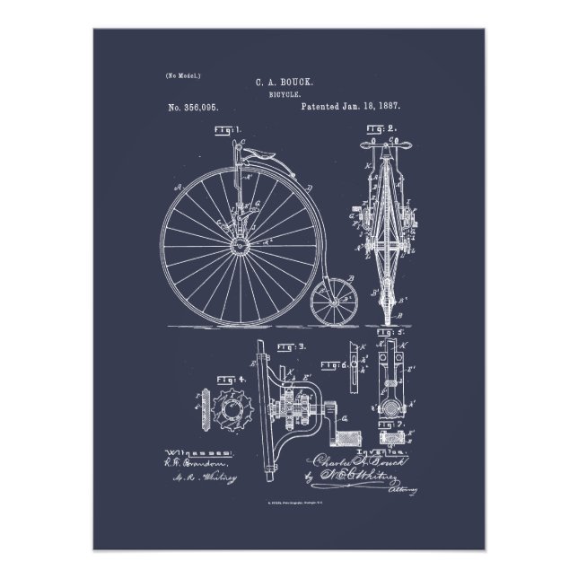 Antique Bicycle 1887 Penny Farthing Patent Drawing Photo Print (Front)