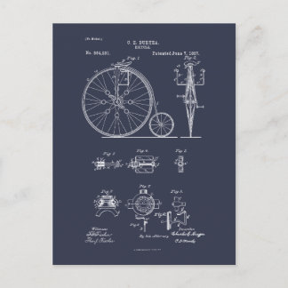 Antique Bicycle 1887 Penny Farthing Patent Drawing Postcard
