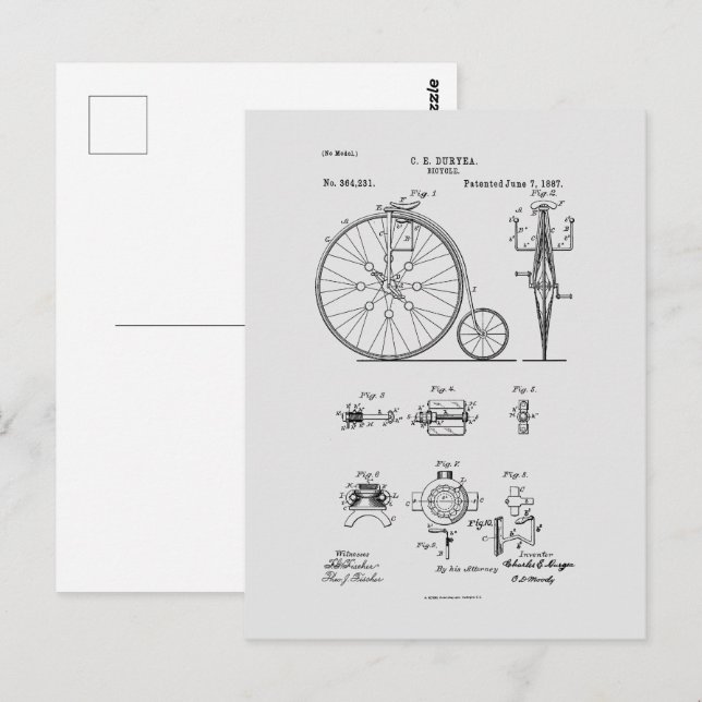 Antique Bicycle 1887 Penny Farthing Patent Drawing Postcard (Front/Back)