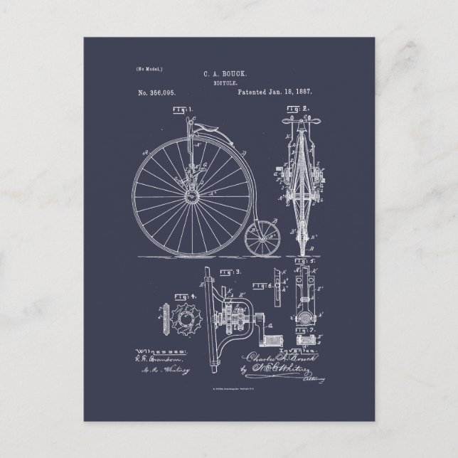 Antique Bicycle 1887 Penny Farthing Patent Drawing Postcard (Front)