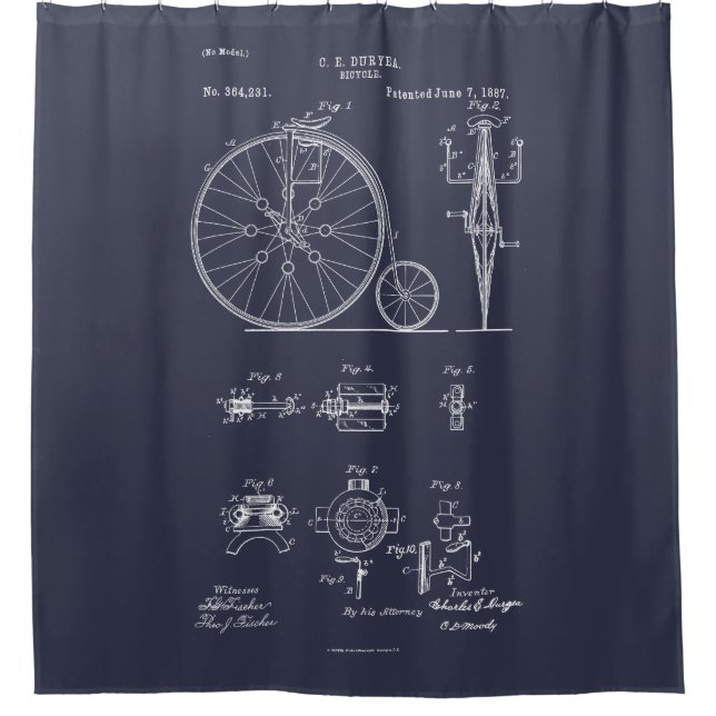 Antique Bicycle 1887 Penny Farthing Patent Drawing Shower Curtain (Front)