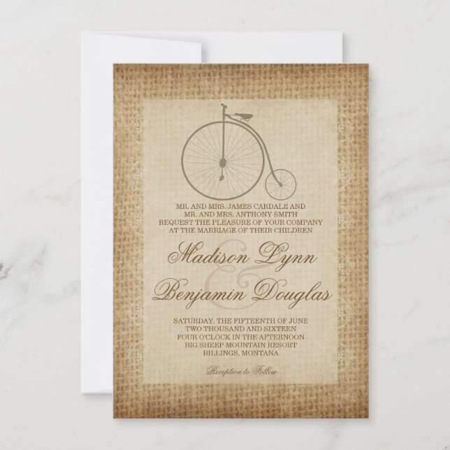 Antique Bicycle Vintage Burlap Wedding Invitations (Front)