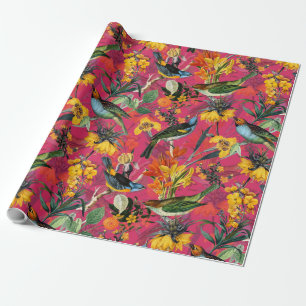 Antique Birds and Flowers Pattern on pink Wrapping Paper