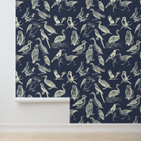 Antique Birds Illustrations Engravings Cream Navy