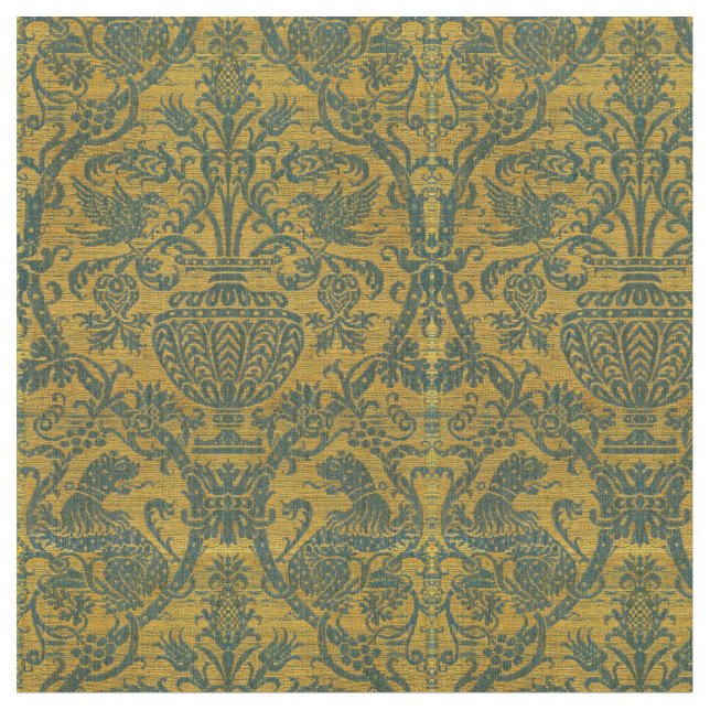 Antique Birds, Vase & Lions Pattern Print Fabric (Close Up)