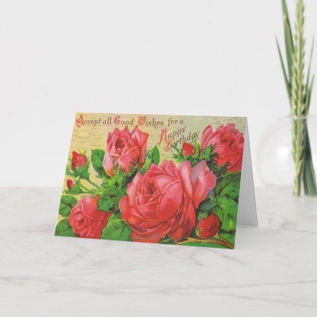Antique Birthday Card with Red Roses (Front)