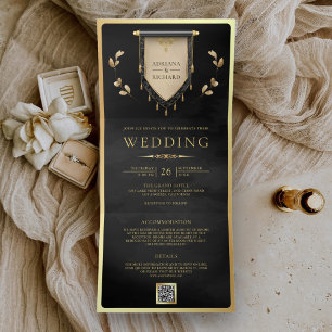 Antique Black Gold Scroll Mediaeval Wedding Tri-Fold Invitation