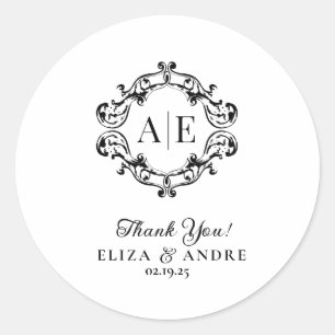 Antique Black & White Crest Monogram Wedding Classic Round Sticker