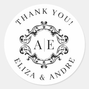 Antique Black & White Crest Monogram Wedding Classic Round Sticker