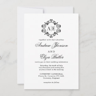 Antique Black & White Crest Monogram Wedding Invitation