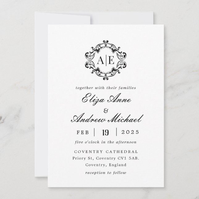 Antique Black & White Crest Monogram Wedding Invitation (Front)