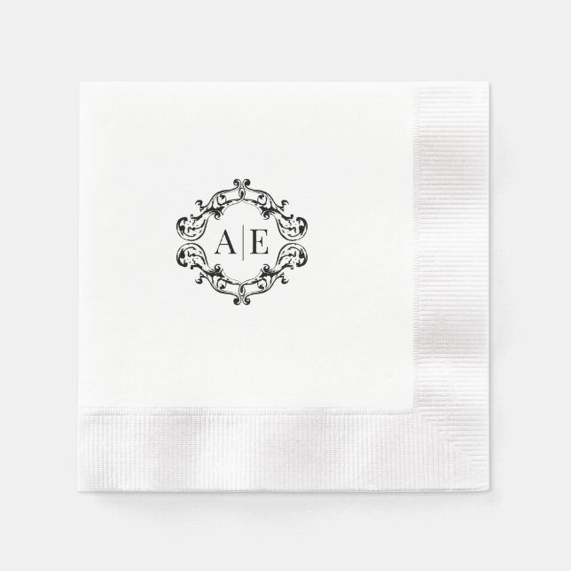 Antique Black & White Crest Monogram Wedding Napkin (Front)