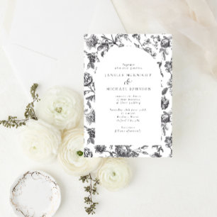Antique Black & White Floral Toile Arch Wedding Invitation