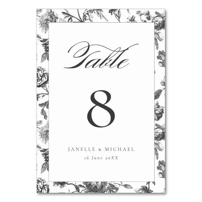 Antique Black & White Floral Toile Wedding  Table Number (Front)