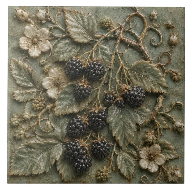 Antique Blackberry Vine Botanical Faux Relief Ceramic Tile (Front)