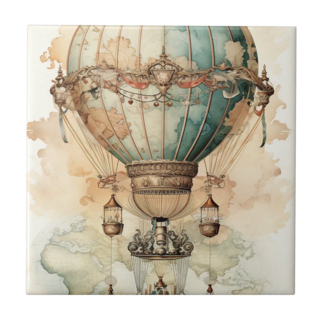 Antique Blue Airship World Map Explorer Ceramic Tile (Front)