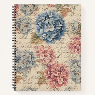Antique Blue and Pink Hydrangea Ephemera Script  Notebook