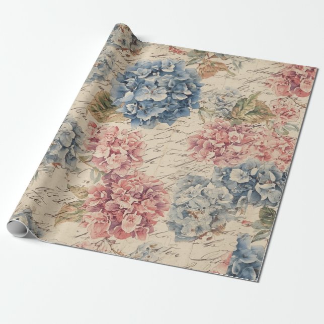 Antique Blue and Pink Hydrangea Ephemera Script  Wrapping Paper (Unrolled)