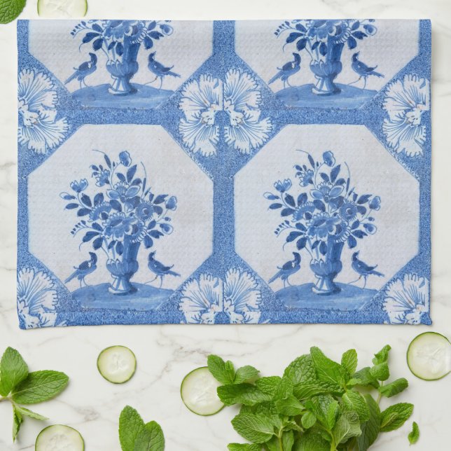 Antique Blue Birds Delft Floral Kitchen Towels (Folded)
