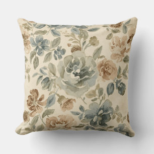 Antique Blue Brown Sage Beige Watercolor Floral Cushion