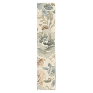 Antique Blue Brown Sage Beige Watercolor Floral Short Table Runner