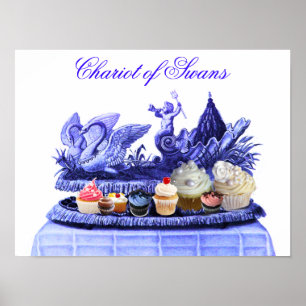 ANTIQUE BLUE CHARIOT OF SWANS AND CUPCAKES POSTER