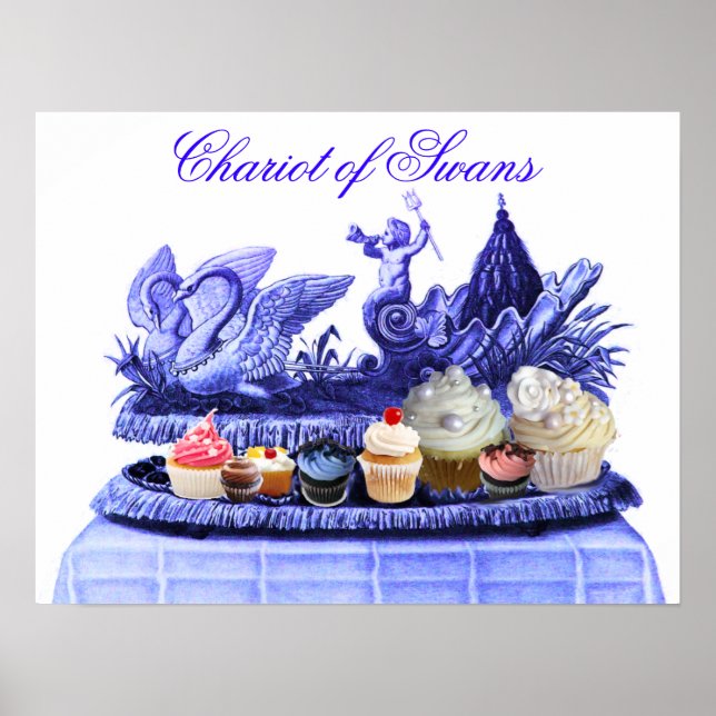 ANTIQUE BLUE CHARIOT OF SWANS AND CUPCAKES POSTER (Front)