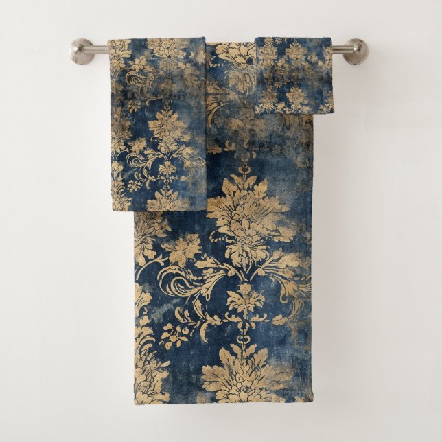 Antique Blue, Damask Pattern Bath Towel Set (Insitu)