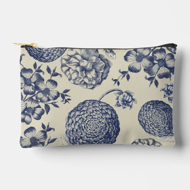 Antique Blue Flower Print Floral Accessory Pouch (Front)