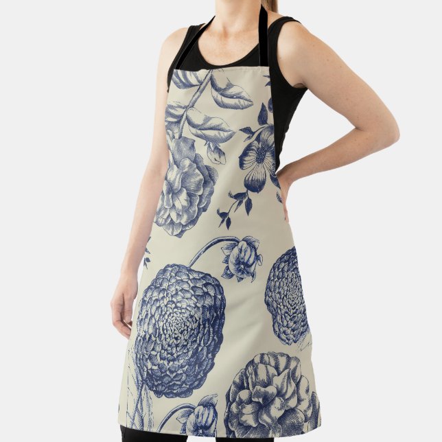 Antique Blue Flower Print Floral Apron (Insitu)