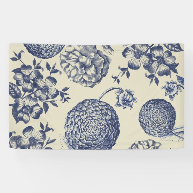 Antique Blue Flower Print Floral Banner (Horizontal)
