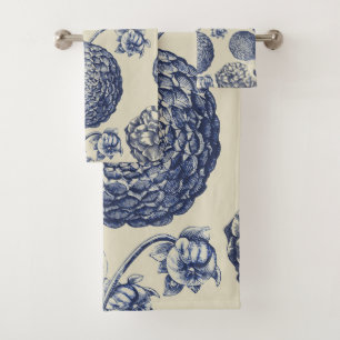 Antique Blue Flower Print Floral Bath Towel Set