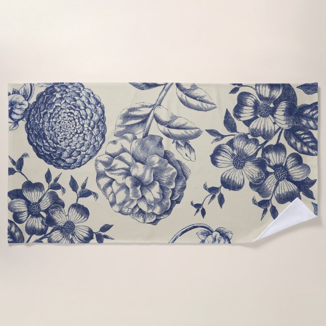 Antique Blue Flower Print Floral Beach Towel (Front)