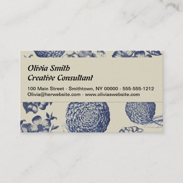 Antique Blue Flower Print Floral Business Card (Front)