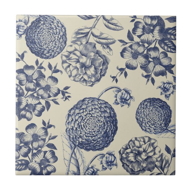 Antique Blue Flower Print Floral Ceramic Tile (Front)