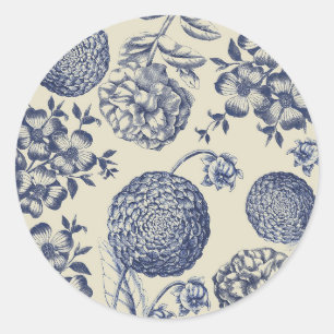 Antique Blue Flower Print Floral Classic Round Sticker