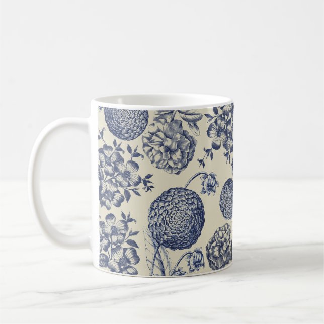 Antique Blue Flower Print Floral Coffee Mug (Left)