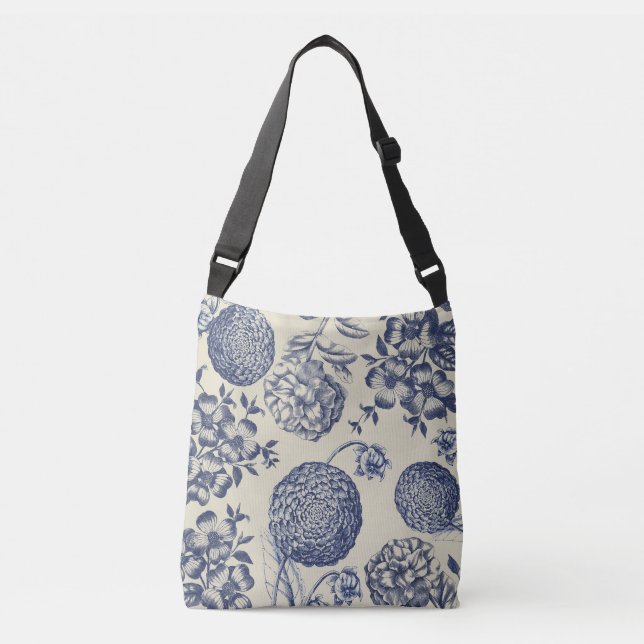 Antique Blue Flower Print Floral Crossbody Bag (Front)